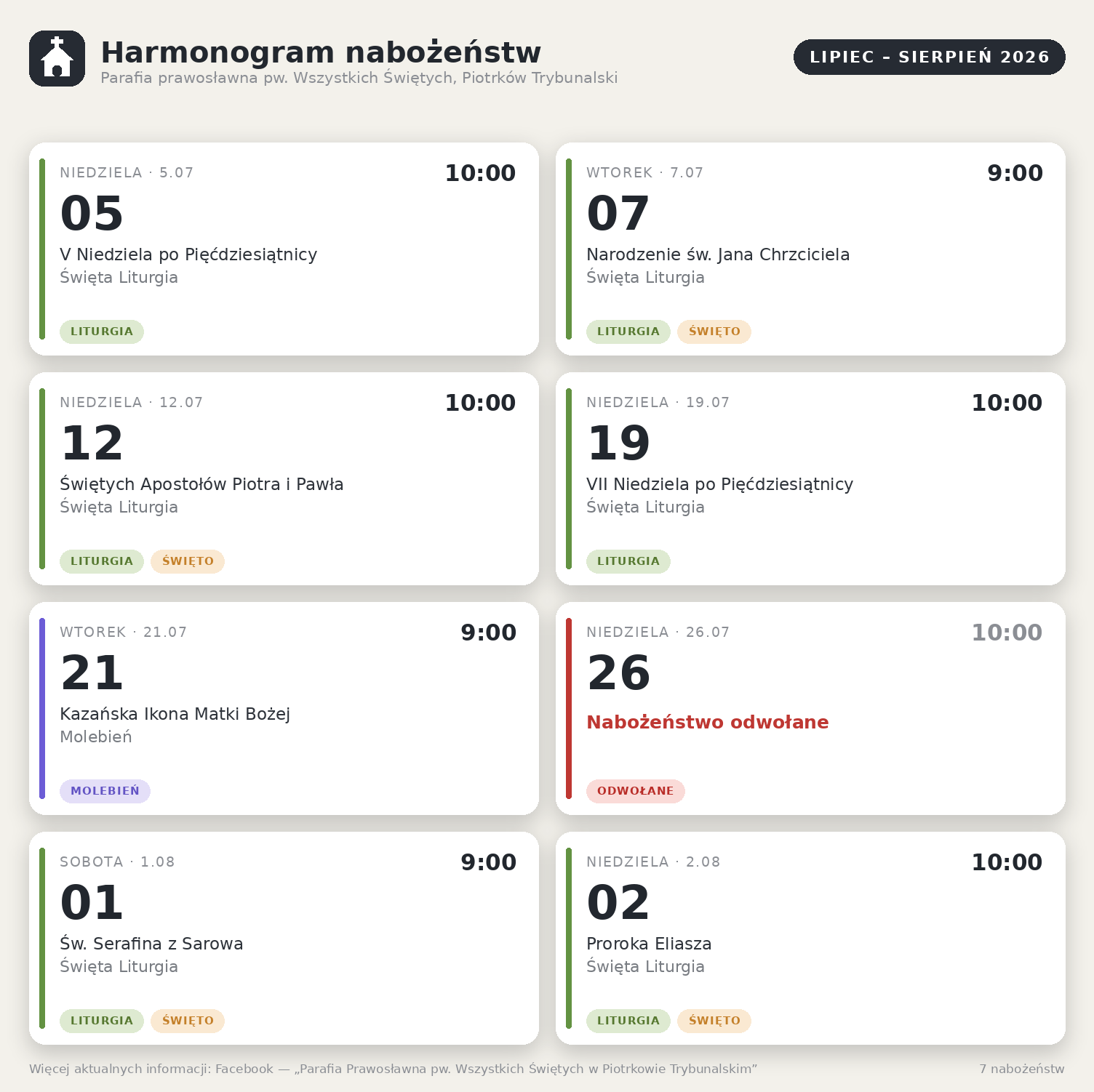 Harmonogram nabożeństw — lipiec i sierpień 2026